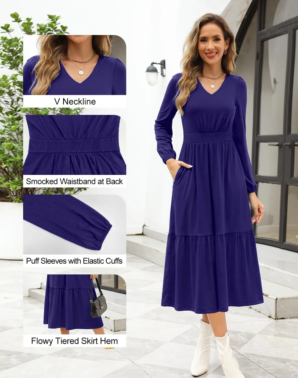 Kranda Women 2025 Fall Spring Puff Long Sleeve V Neck Causal Flowy Pleated Ruffle Tiered Midi Dress with Pockets