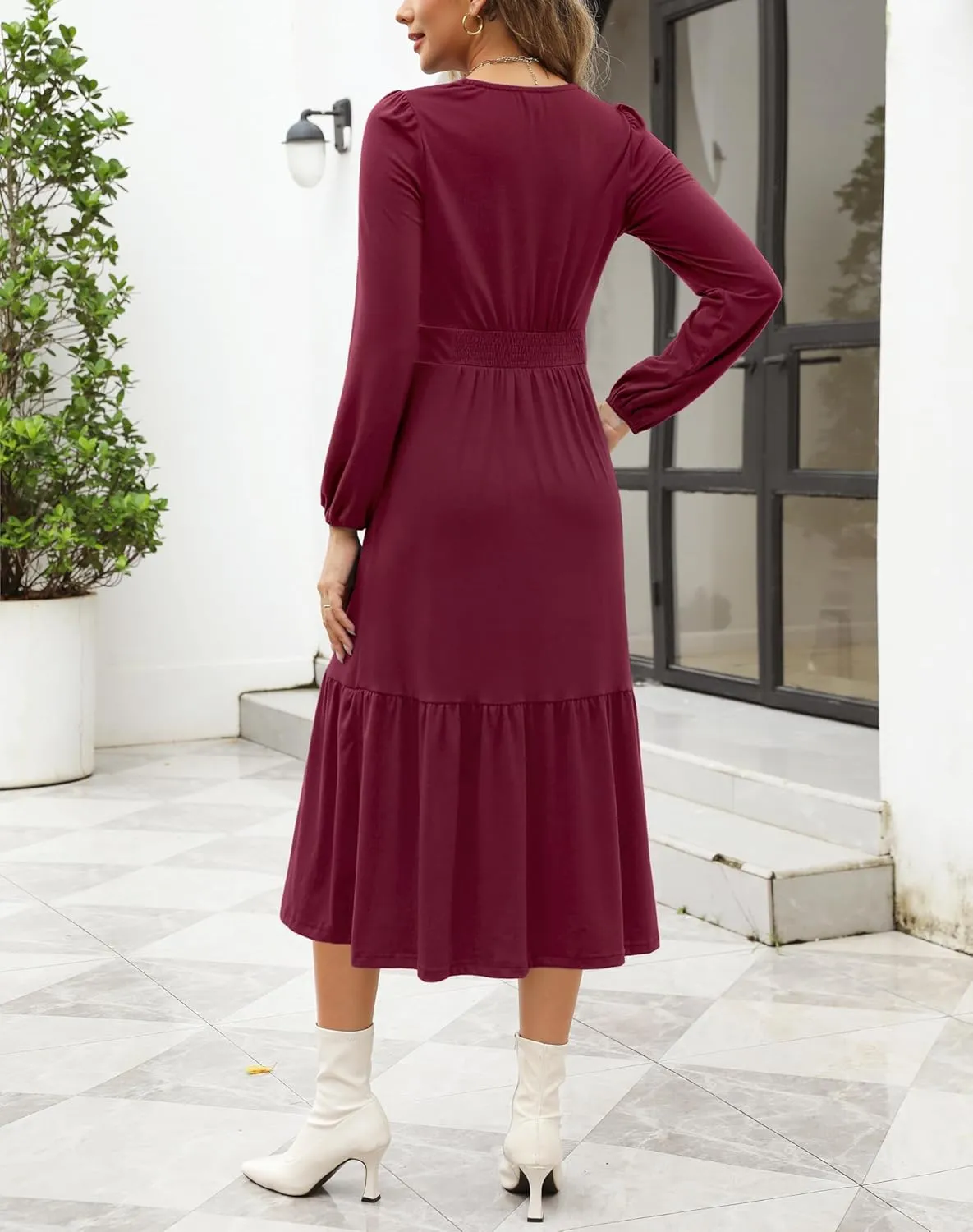 Kranda Women 2025 Fall Spring Puff Long Sleeve V Neck Causal Flowy Pleated Ruffle Tiered Midi Dress with Pockets