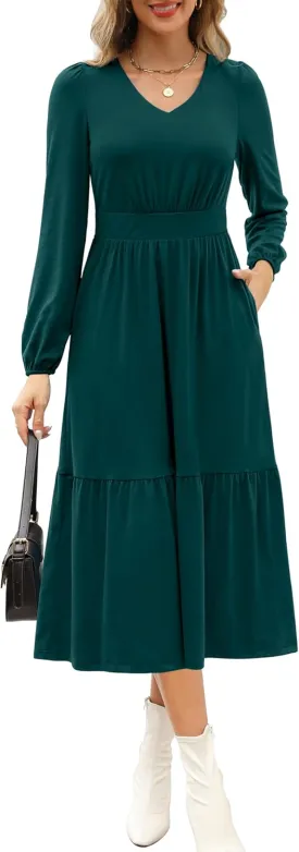 Kranda Women 2025 Fall Spring Puff Long Sleeve V Neck Causal Flowy Pleated Ruffle Tiered Midi Dress with Pockets