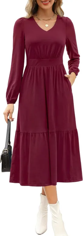Kranda Women 2025 Fall Spring Puff Long Sleeve V Neck Causal Flowy Pleated Ruffle Tiered Midi Dress with Pockets