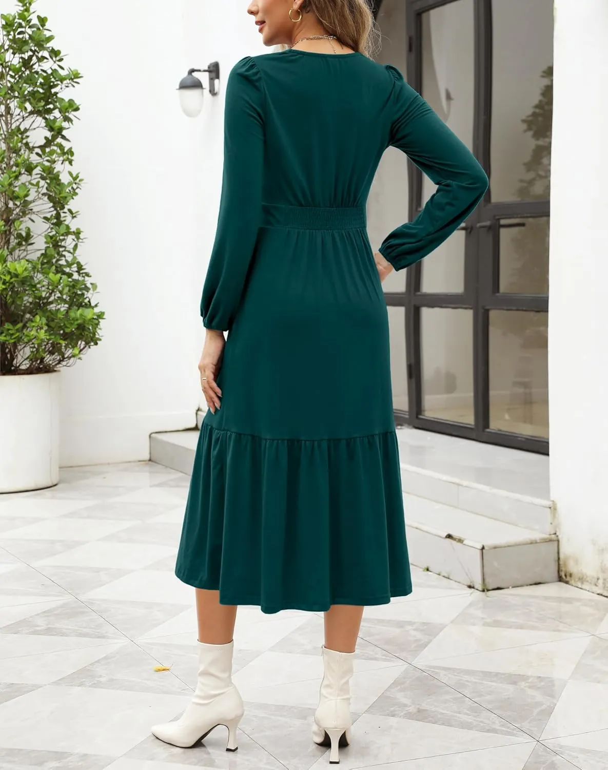 Kranda Women 2025 Fall Spring Puff Long Sleeve V Neck Causal Flowy Pleated Ruffle Tiered Midi Dress with Pockets