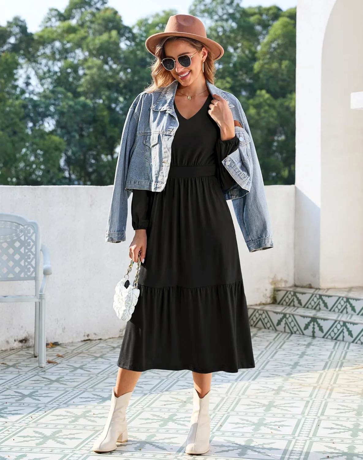 Kranda Women 2025 Fall Spring Puff Long Sleeve V Neck Causal Flowy Pleated Ruffle Tiered Midi Dress with Pockets