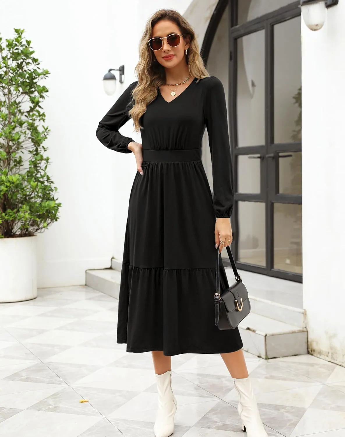 Kranda Women 2025 Fall Spring Puff Long Sleeve V Neck Causal Flowy Pleated Ruffle Tiered Midi Dress with Pockets