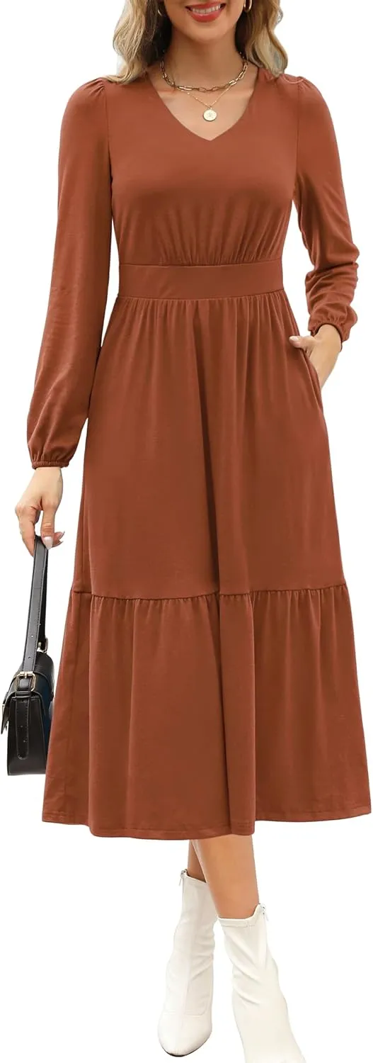 Kranda Women 2025 Fall Spring Puff Long Sleeve V Neck Causal Flowy Pleated Ruffle Tiered Midi Dress with Pockets