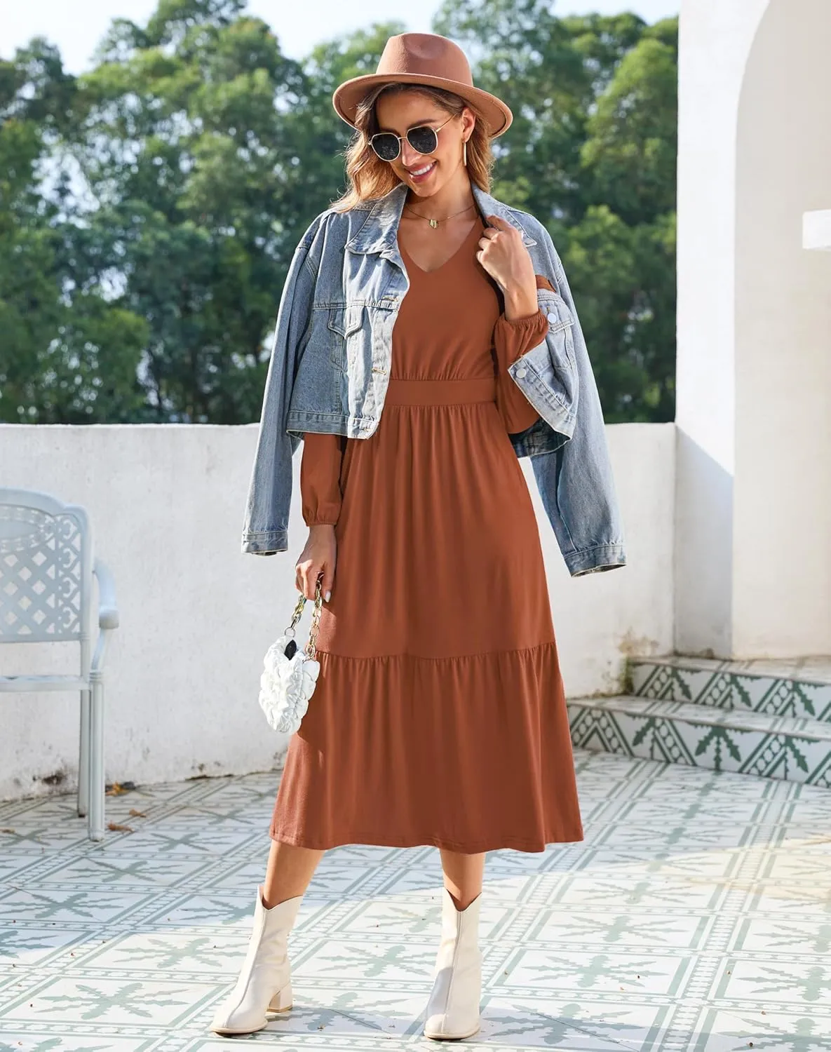 Kranda Women 2025 Fall Spring Puff Long Sleeve V Neck Causal Flowy Pleated Ruffle Tiered Midi Dress with Pockets