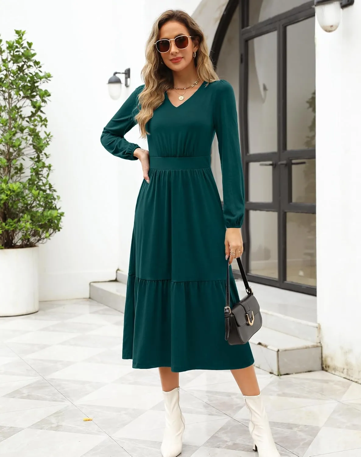 Kranda Women 2025 Fall Spring Puff Long Sleeve V Neck Causal Flowy Pleated Ruffle Tiered Midi Dress with Pockets