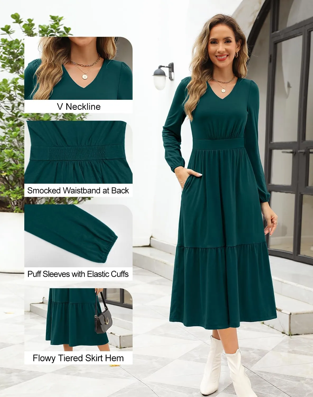 Kranda Women 2025 Fall Spring Puff Long Sleeve V Neck Causal Flowy Pleated Ruffle Tiered Midi Dress with Pockets
