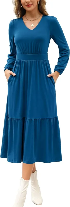 Kranda Women 2025 Fall Spring Puff Long Sleeve V Neck Causal Flowy Pleated Ruffle Tiered Midi Dress with Pockets