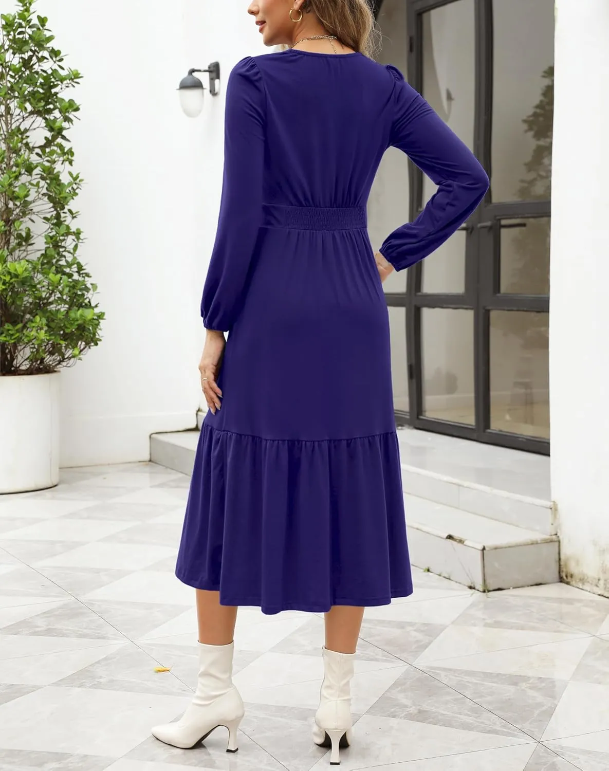 Kranda Women 2025 Fall Spring Puff Long Sleeve V Neck Causal Flowy Pleated Ruffle Tiered Midi Dress with Pockets