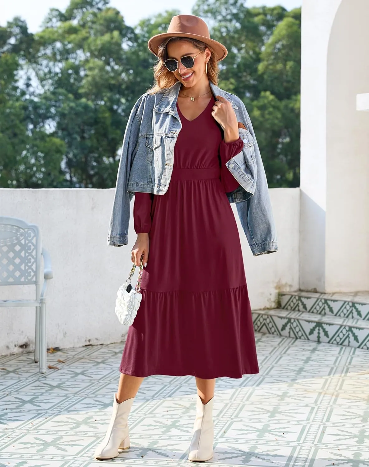 Kranda Women 2025 Fall Spring Puff Long Sleeve V Neck Causal Flowy Pleated Ruffle Tiered Midi Dress with Pockets