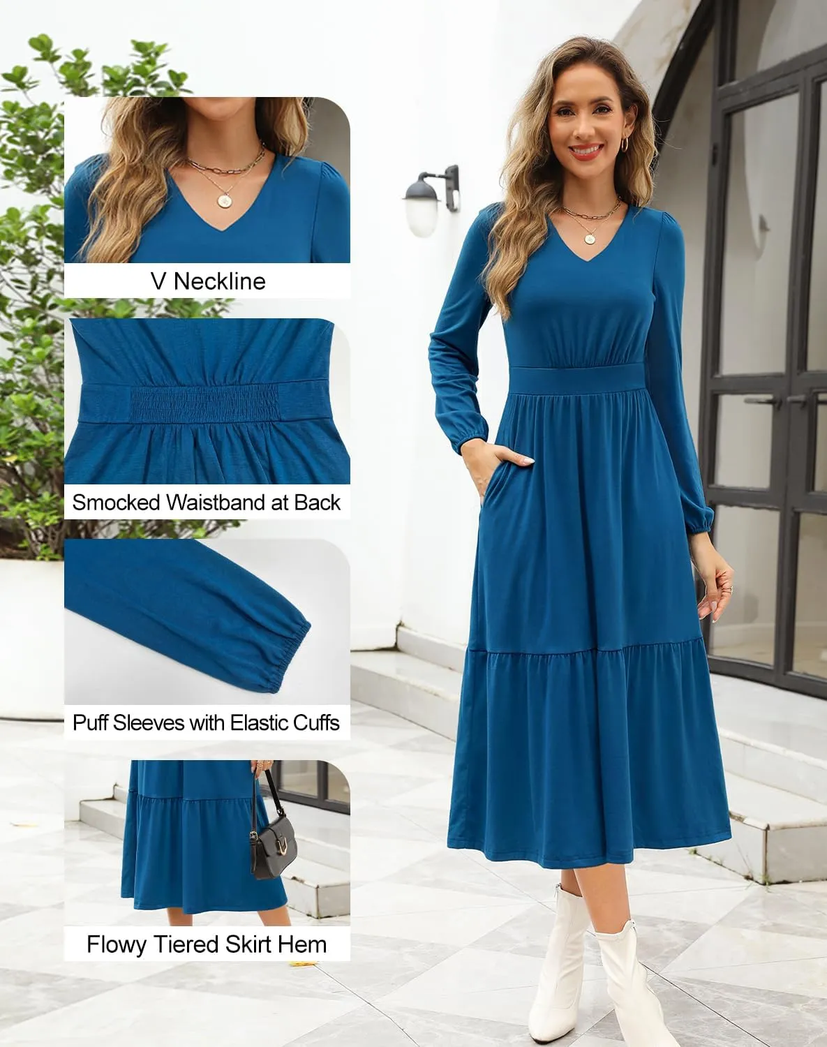 Kranda Women 2025 Fall Spring Puff Long Sleeve V Neck Causal Flowy Pleated Ruffle Tiered Midi Dress with Pockets