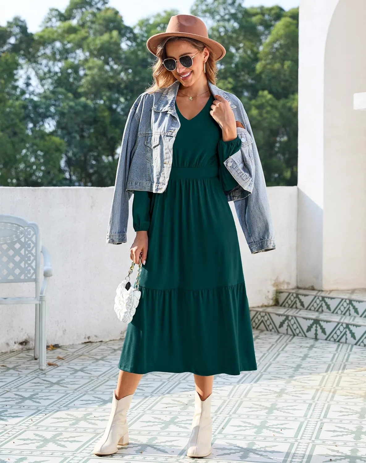 Kranda Women 2025 Fall Spring Puff Long Sleeve V Neck Causal Flowy Pleated Ruffle Tiered Midi Dress with Pockets