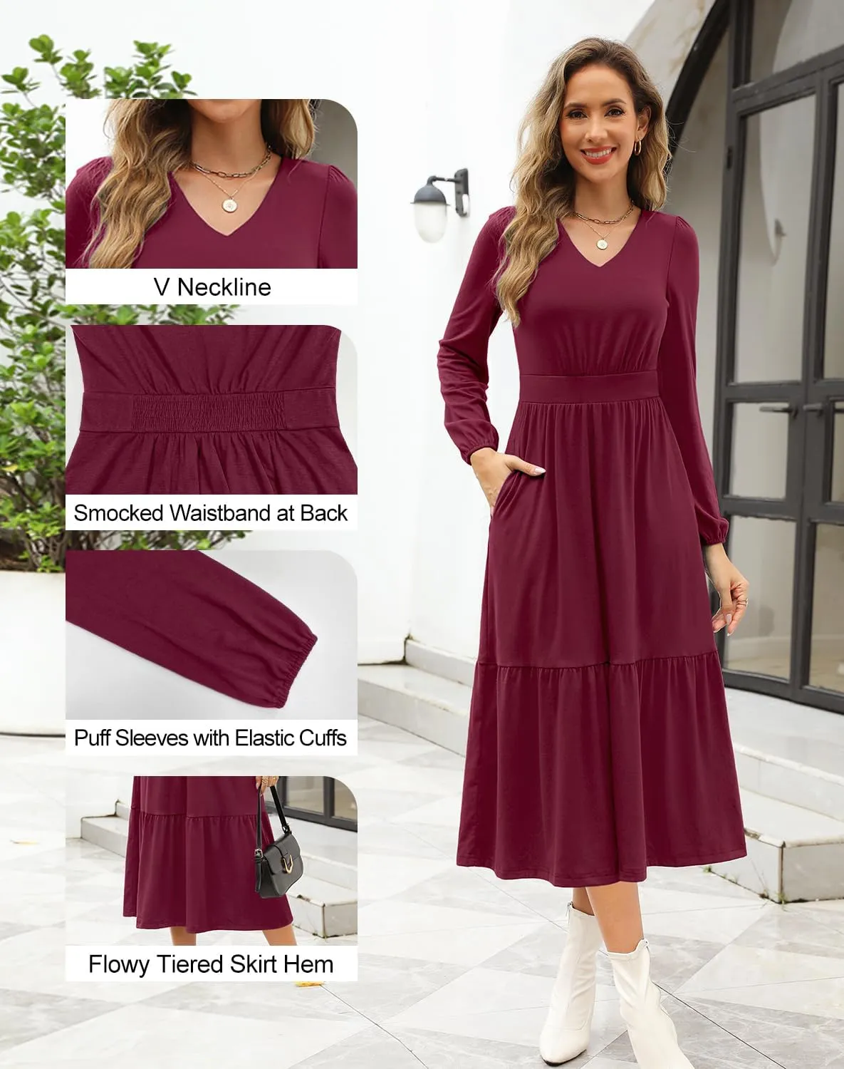 Kranda Women 2025 Fall Spring Puff Long Sleeve V Neck Causal Flowy Pleated Ruffle Tiered Midi Dress with Pockets