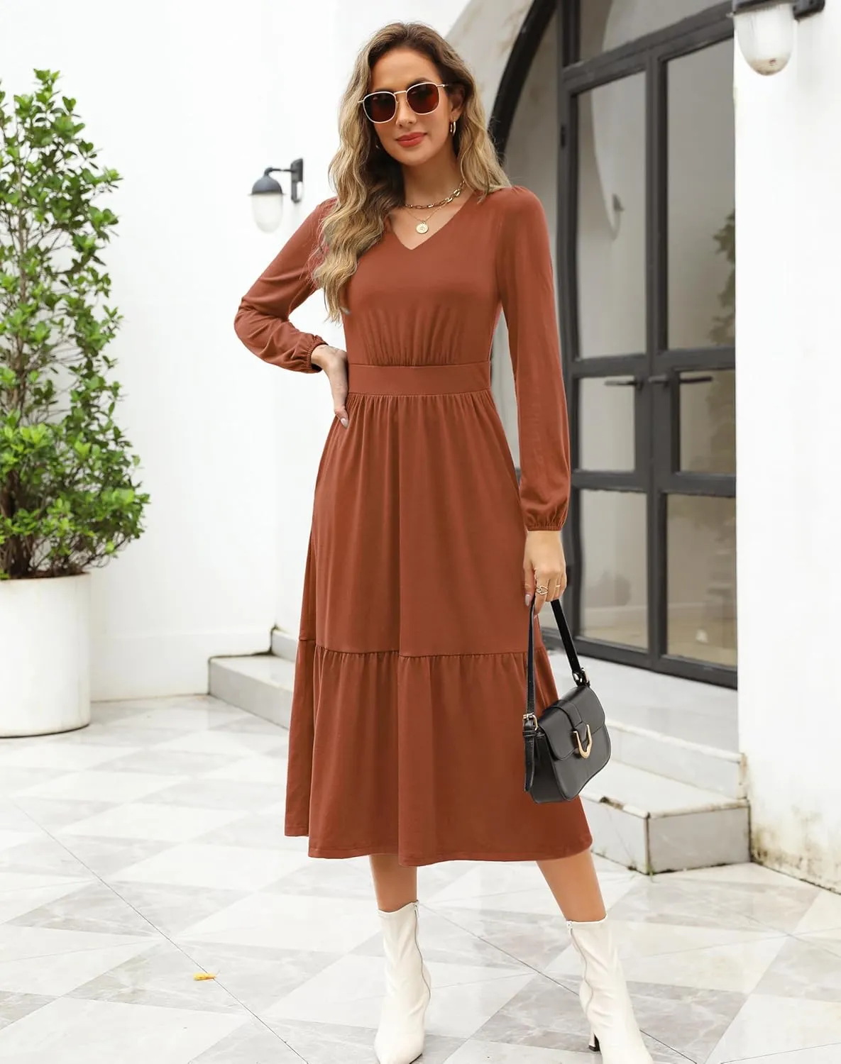 Kranda Women 2025 Fall Spring Puff Long Sleeve V Neck Causal Flowy Pleated Ruffle Tiered Midi Dress with Pockets