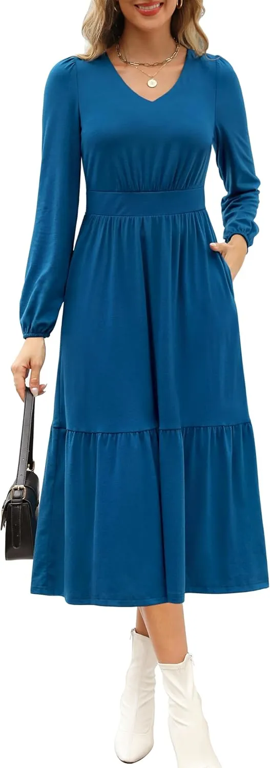 Kranda Women 2025 Fall Spring Puff Long Sleeve V Neck Causal Flowy Pleated Ruffle Tiered Midi Dress with Pockets