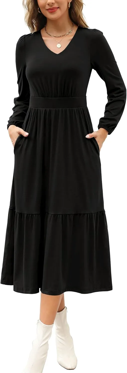 Kranda Women 2025 Fall Spring Puff Long Sleeve V Neck Causal Flowy Pleated Ruffle Tiered Midi Dress with Pockets