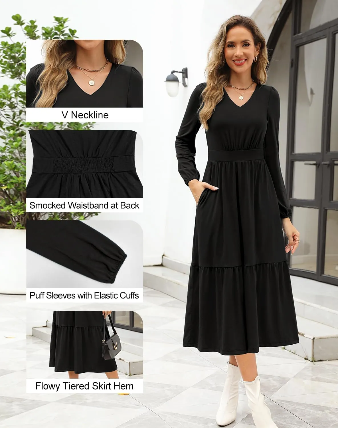 Kranda Women 2025 Fall Spring Puff Long Sleeve V Neck Causal Flowy Pleated Ruffle Tiered Midi Dress with Pockets