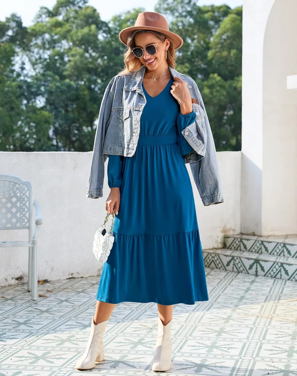 Kranda Women 2025 Fall Spring Puff Long Sleeve V Neck Causal Flowy Pleated Ruffle Tiered Midi Dress with Pockets