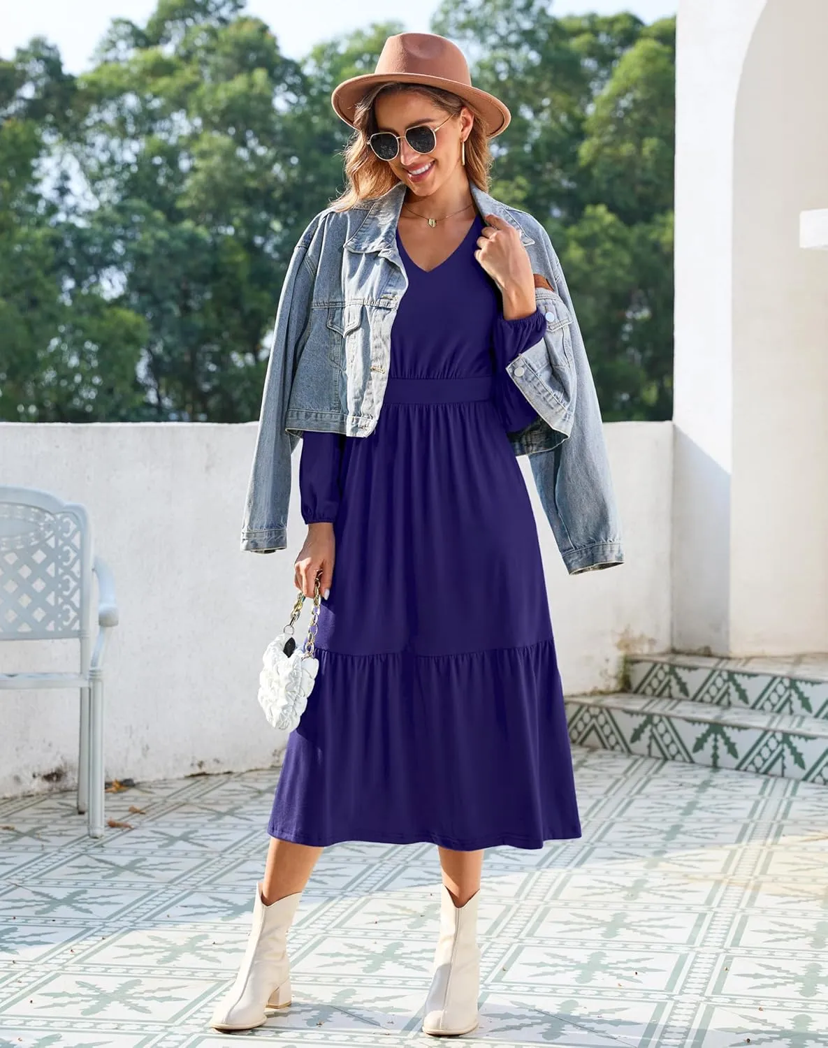 Kranda Women 2025 Fall Spring Puff Long Sleeve V Neck Causal Flowy Pleated Ruffle Tiered Midi Dress with Pockets