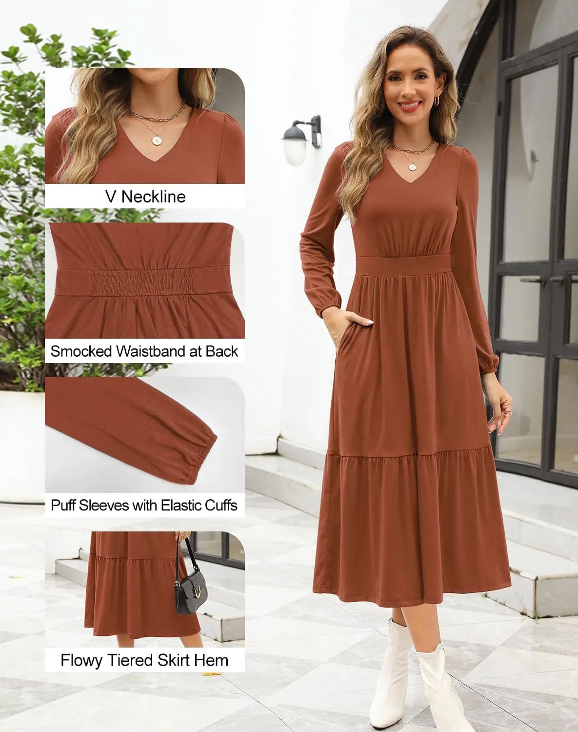 Kranda Women 2025 Fall Spring Puff Long Sleeve V Neck Causal Flowy Pleated Ruffle Tiered Midi Dress with Pockets