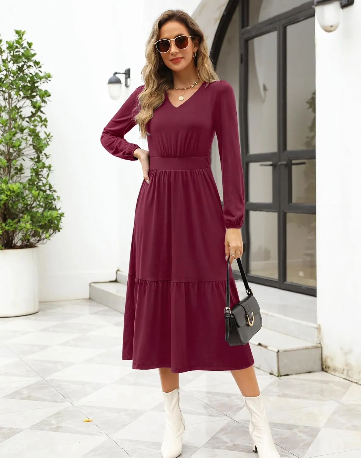 Kranda Women 2025 Fall Spring Puff Long Sleeve V Neck Causal Flowy Pleated Ruffle Tiered Midi Dress with Pockets
