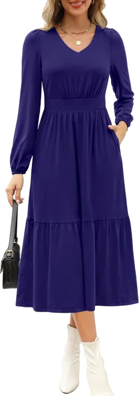 Kranda Women 2025 Fall Spring Puff Long Sleeve V Neck Causal Flowy Pleated Ruffle Tiered Midi Dress with Pockets