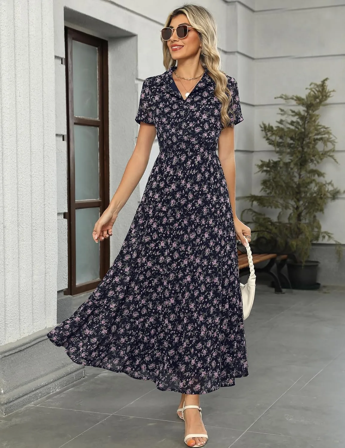 Kranda Women 2025 Summer Collared V Neck Short Sleeve Button Down Chiffon Long Tiered Floral Maxi Dress with Pockets