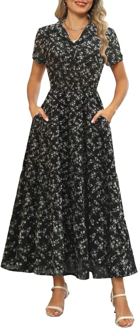 Kranda Women 2025 Summer Collared V Neck Short Sleeve Button Down Chiffon Long Tiered Floral Maxi Dress with Pockets