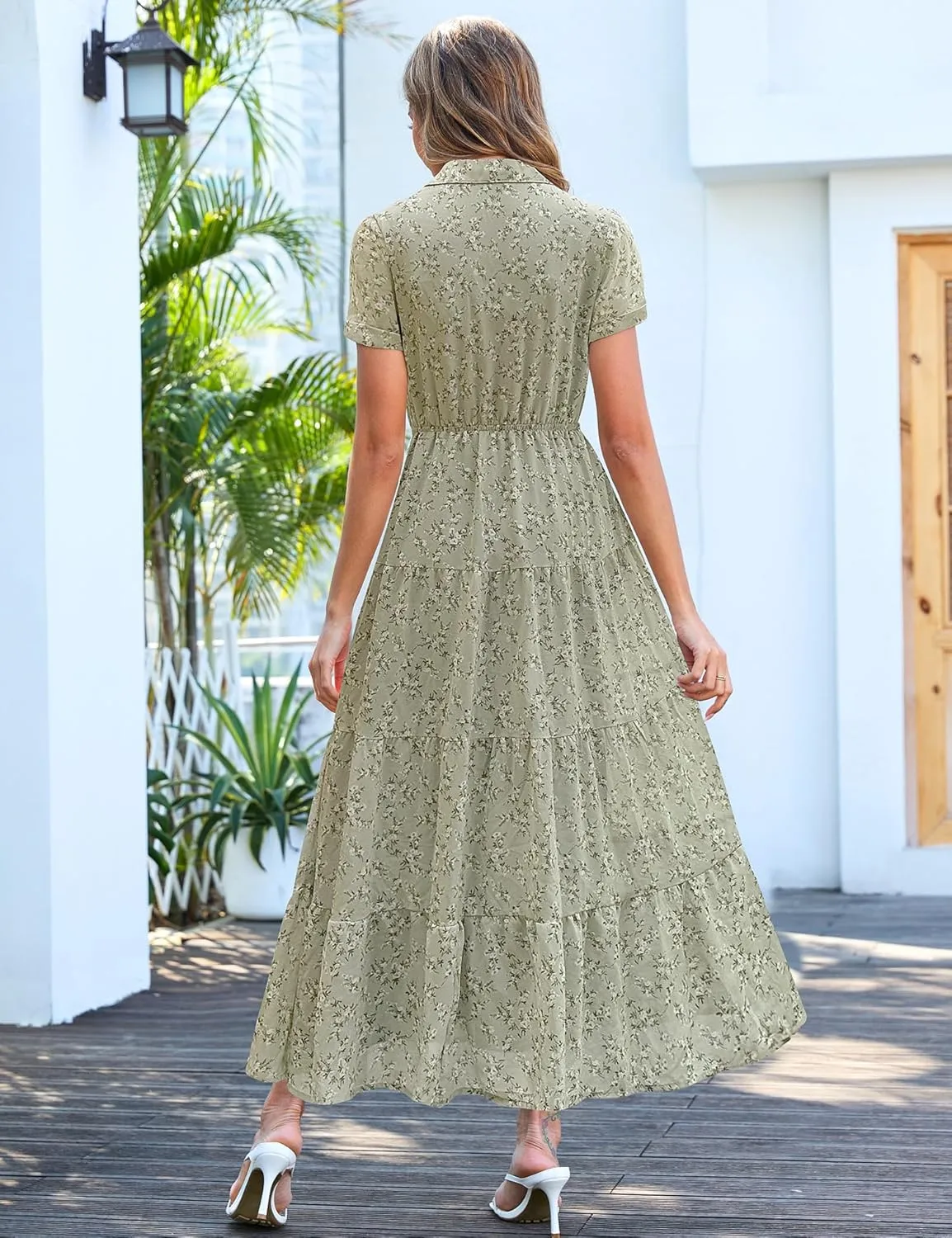 Kranda Women 2025 Summer Collared V Neck Short Sleeve Button Down Chiffon Long Tiered Floral Maxi Dress with Pockets