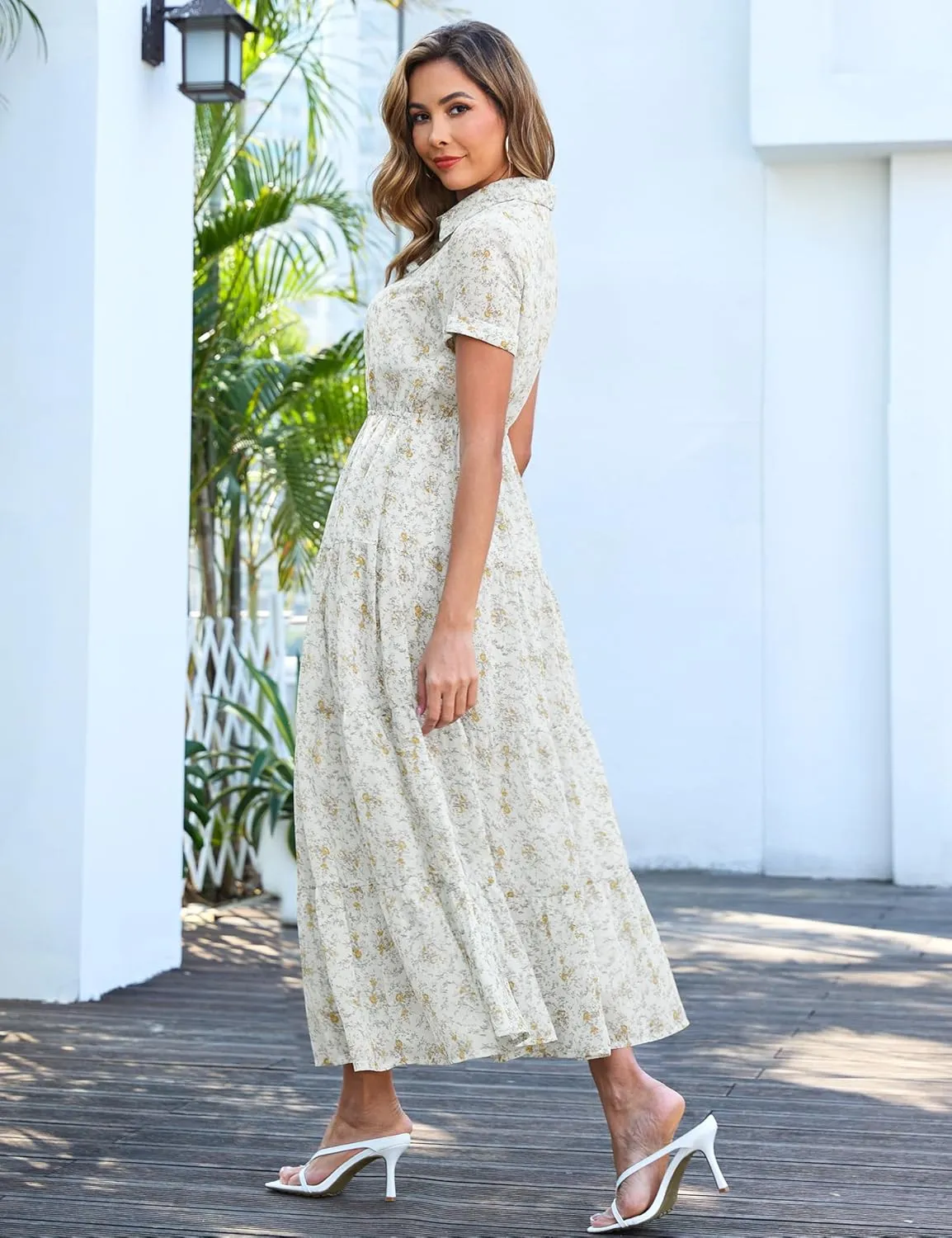 Kranda Women 2025 Summer Collared V Neck Short Sleeve Button Down Chiffon Long Tiered Floral Maxi Dress with Pockets