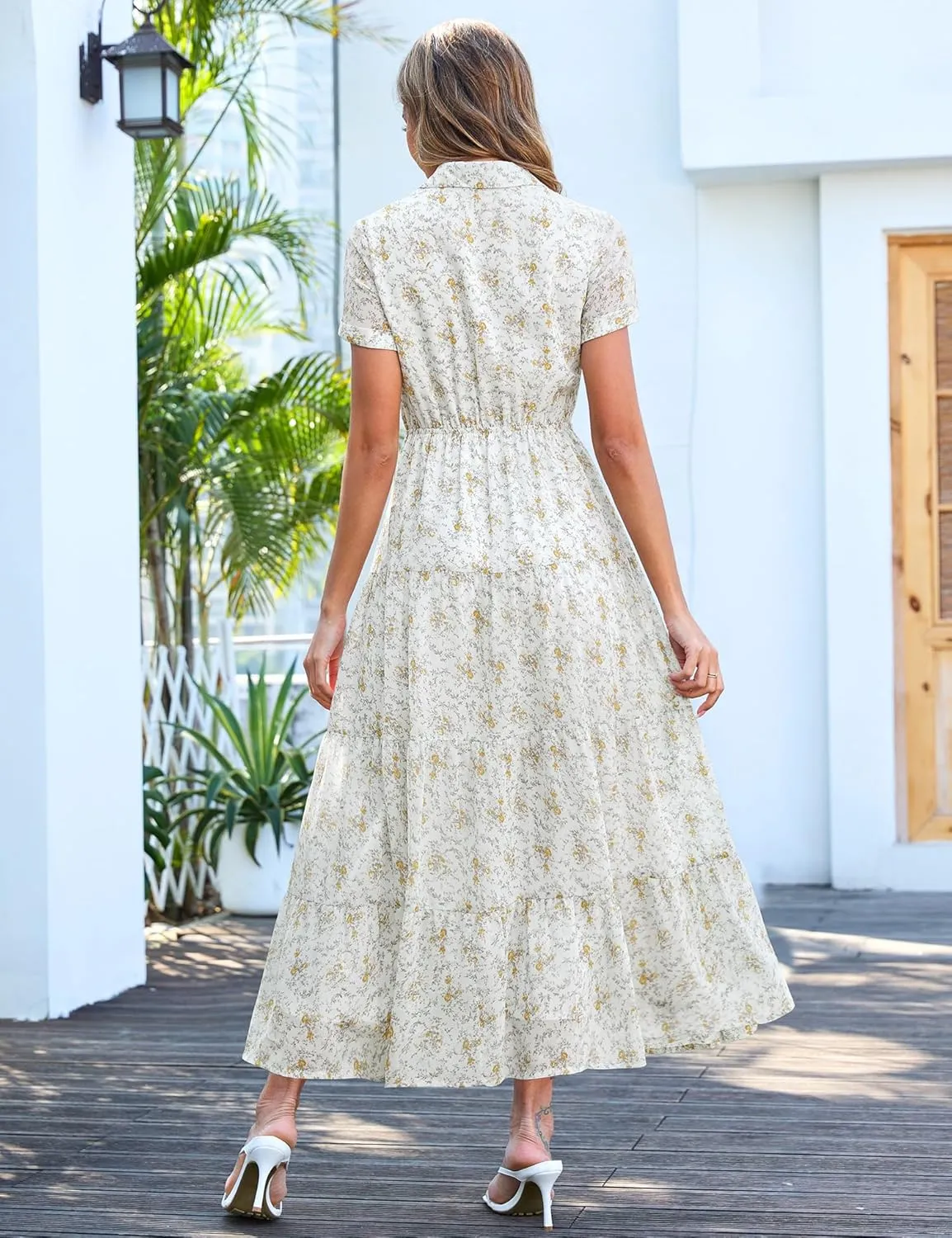 Kranda Women 2025 Summer Collared V Neck Short Sleeve Button Down Chiffon Long Tiered Floral Maxi Dress with Pockets