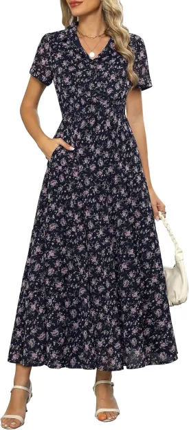 Kranda Women 2025 Summer Collared V Neck Short Sleeve Button Down Chiffon Long Tiered Floral Maxi Dress with Pockets