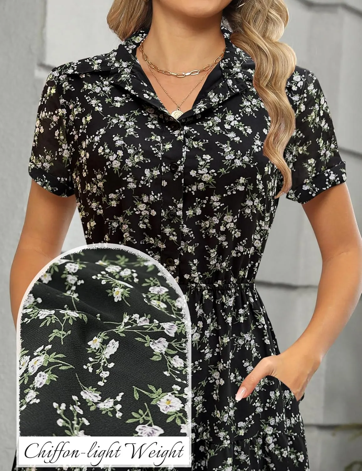 Kranda Women 2025 Summer Collared V Neck Short Sleeve Button Down Chiffon Long Tiered Floral Maxi Dress with Pockets