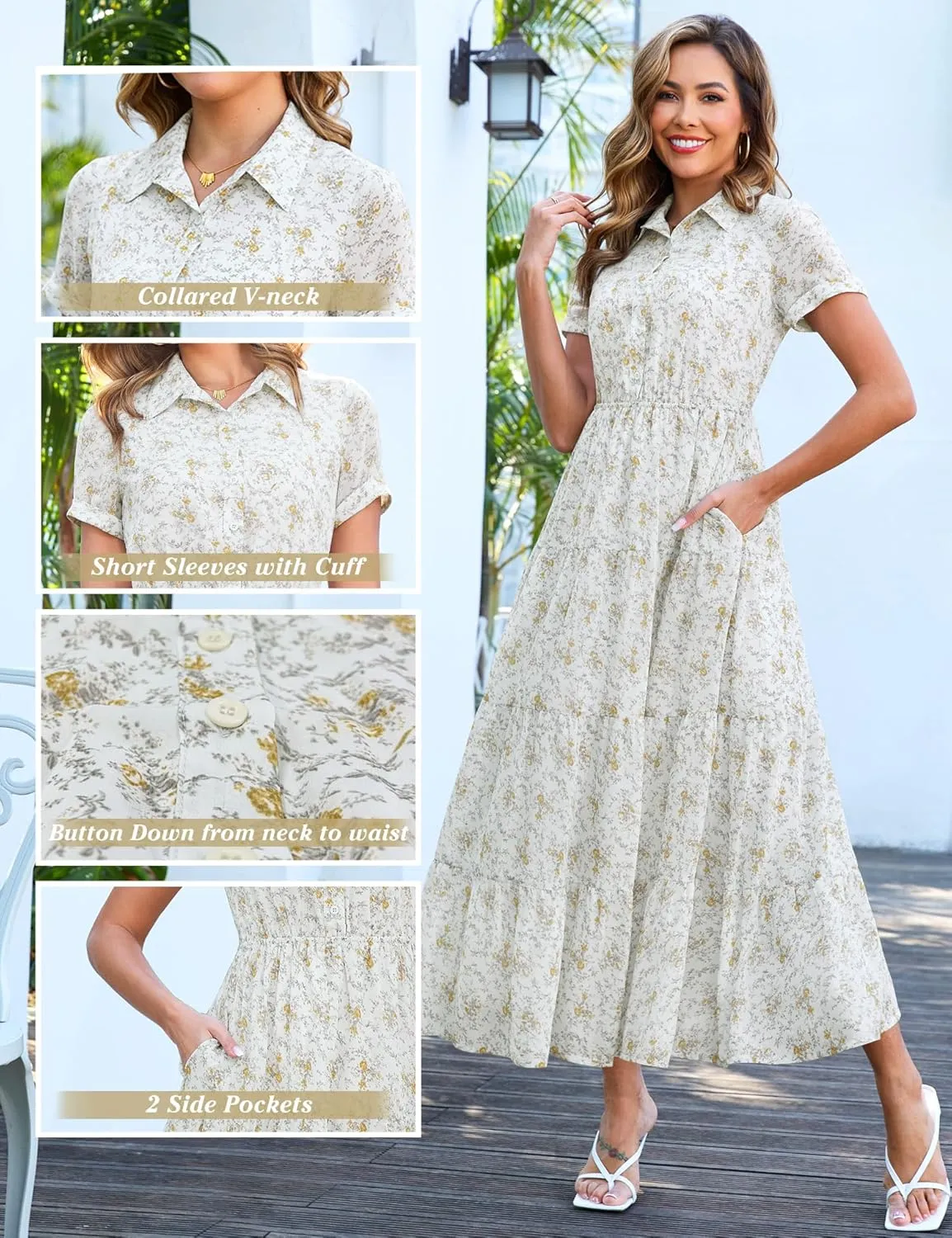 Kranda Women 2025 Summer Collared V Neck Short Sleeve Button Down Chiffon Long Tiered Floral Maxi Dress with Pockets