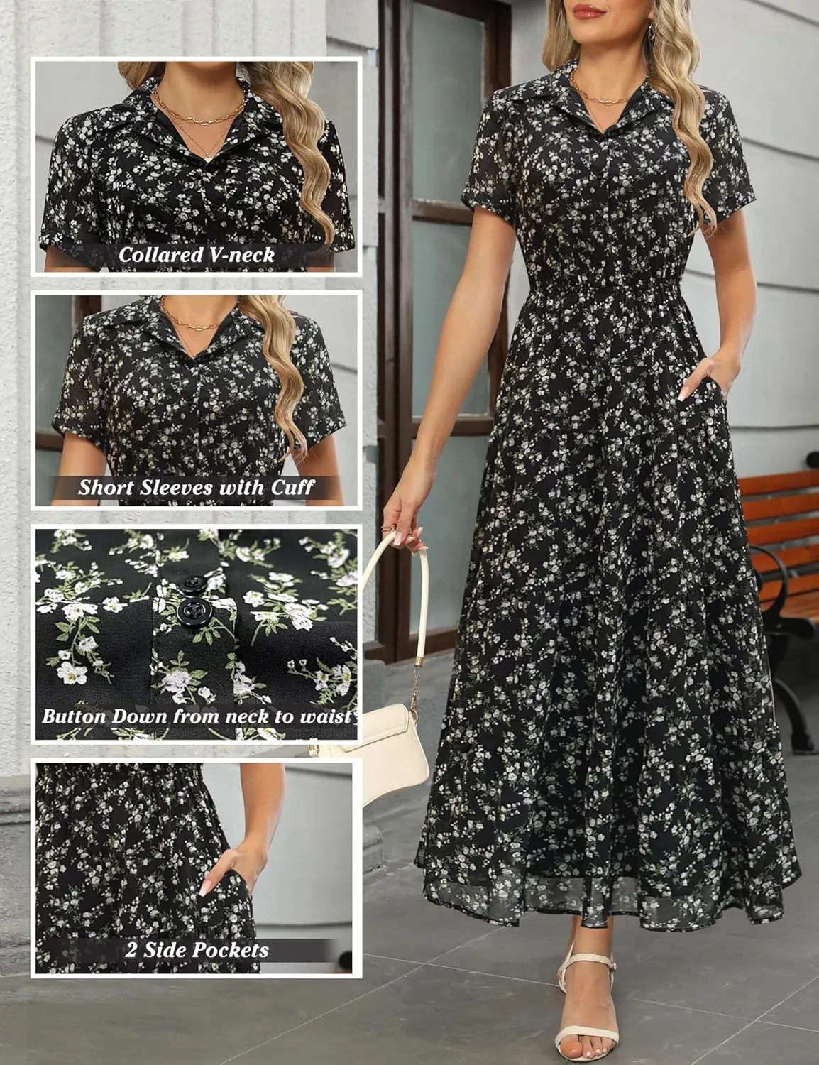 Kranda Women 2025 Summer Collared V Neck Short Sleeve Button Down Chiffon Long Tiered Floral Maxi Dress with Pockets