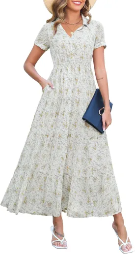 Kranda Women 2025 Summer Collared V Neck Short Sleeve Button Down Chiffon Long Tiered Floral Maxi Dress with Pockets