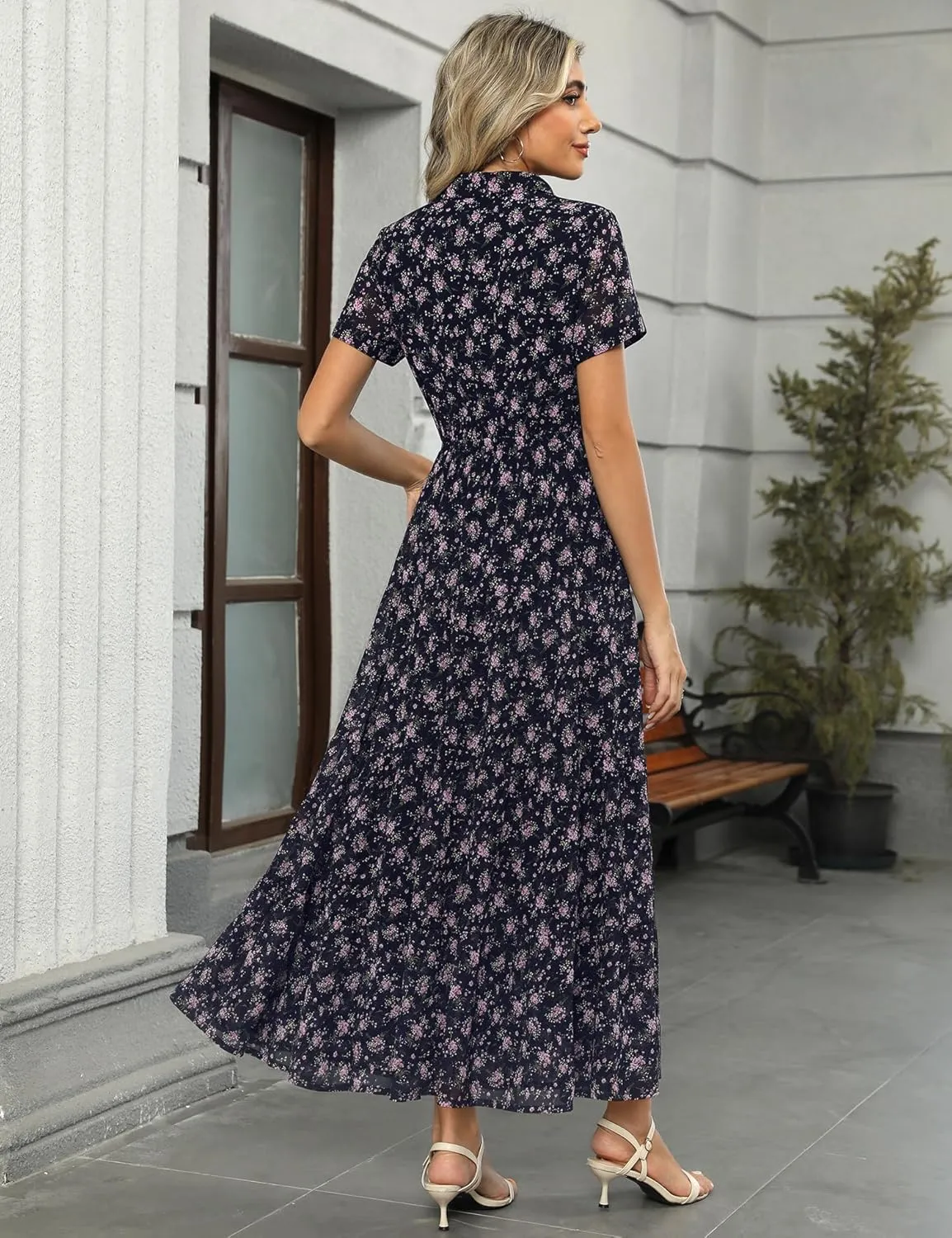Kranda Women 2025 Summer Collared V Neck Short Sleeve Button Down Chiffon Long Tiered Floral Maxi Dress with Pockets