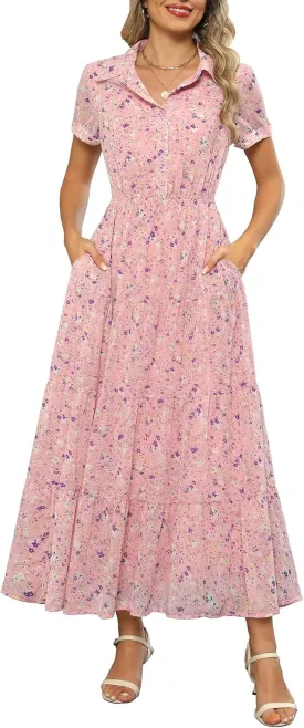 Kranda Women 2025 Summer Collared V Neck Short Sleeve Button Down Chiffon Long Tiered Floral Maxi Dress with Pockets