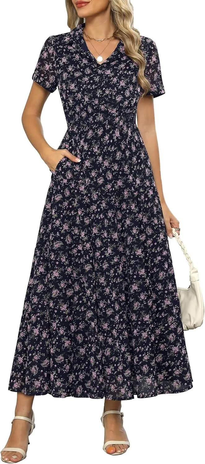 Kranda Women 2025 Summer Collared V Neck Short Sleeve Button Down Chiffon Long Tiered Floral Maxi Dress with Pockets