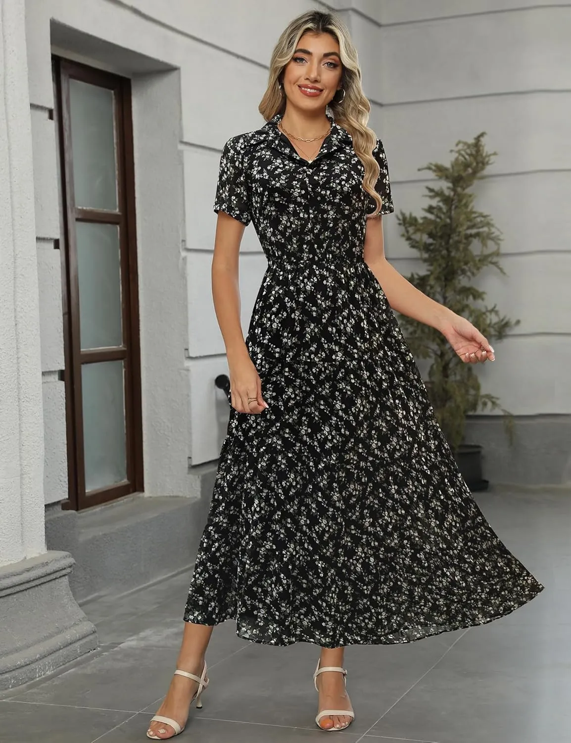 Kranda Women 2025 Summer Collared V Neck Short Sleeve Button Down Chiffon Long Tiered Floral Maxi Dress with Pockets