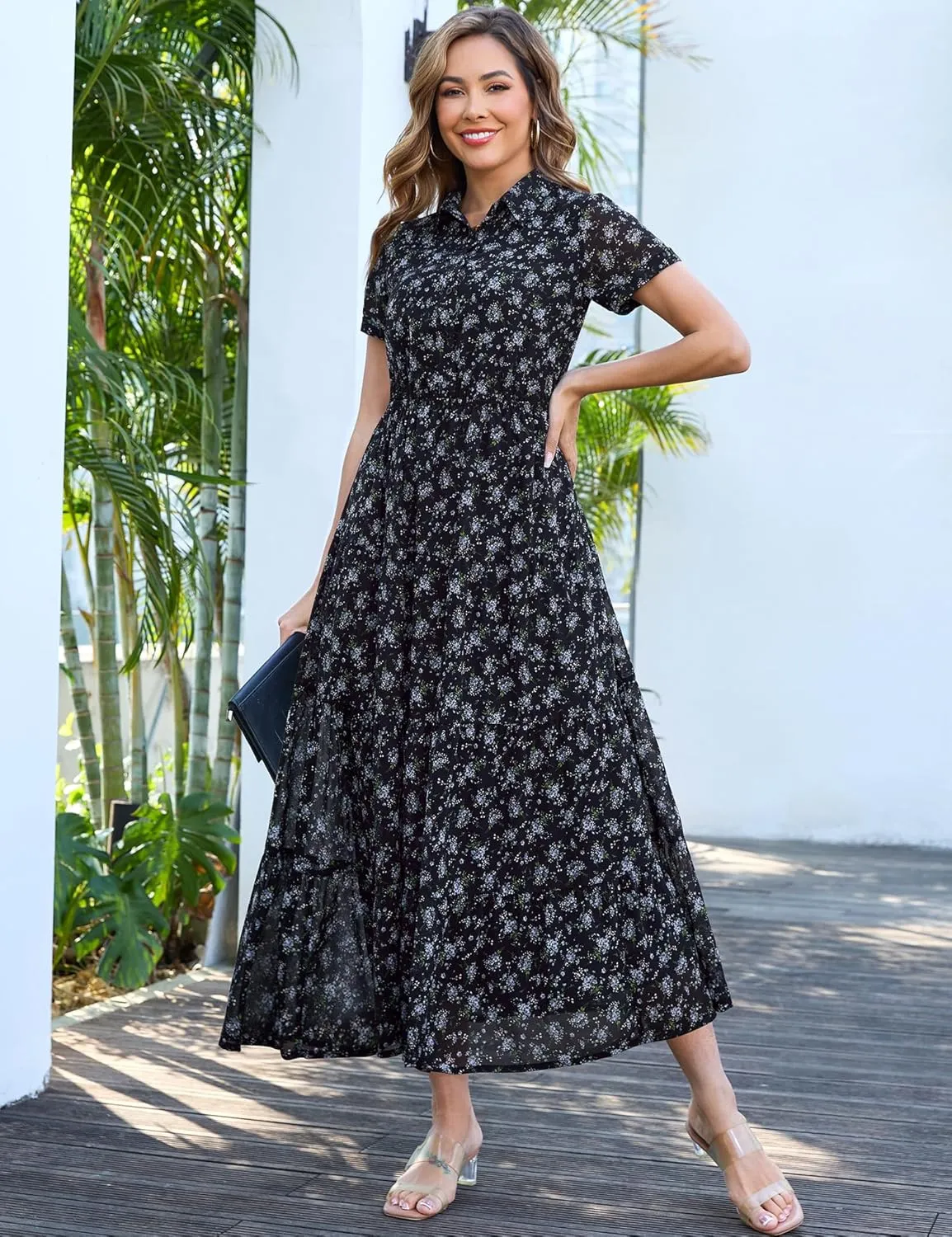 Kranda Women 2025 Summer Collared V Neck Short Sleeve Button Down Chiffon Long Tiered Floral Maxi Dress with Pockets