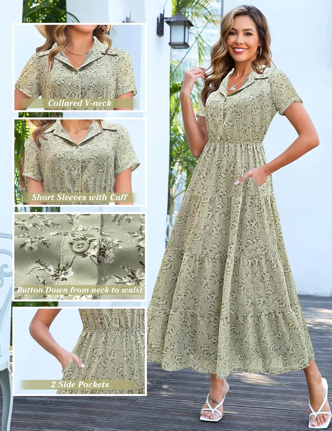Kranda Women 2025 Summer Collared V Neck Short Sleeve Button Down Chiffon Long Tiered Floral Maxi Dress with Pockets