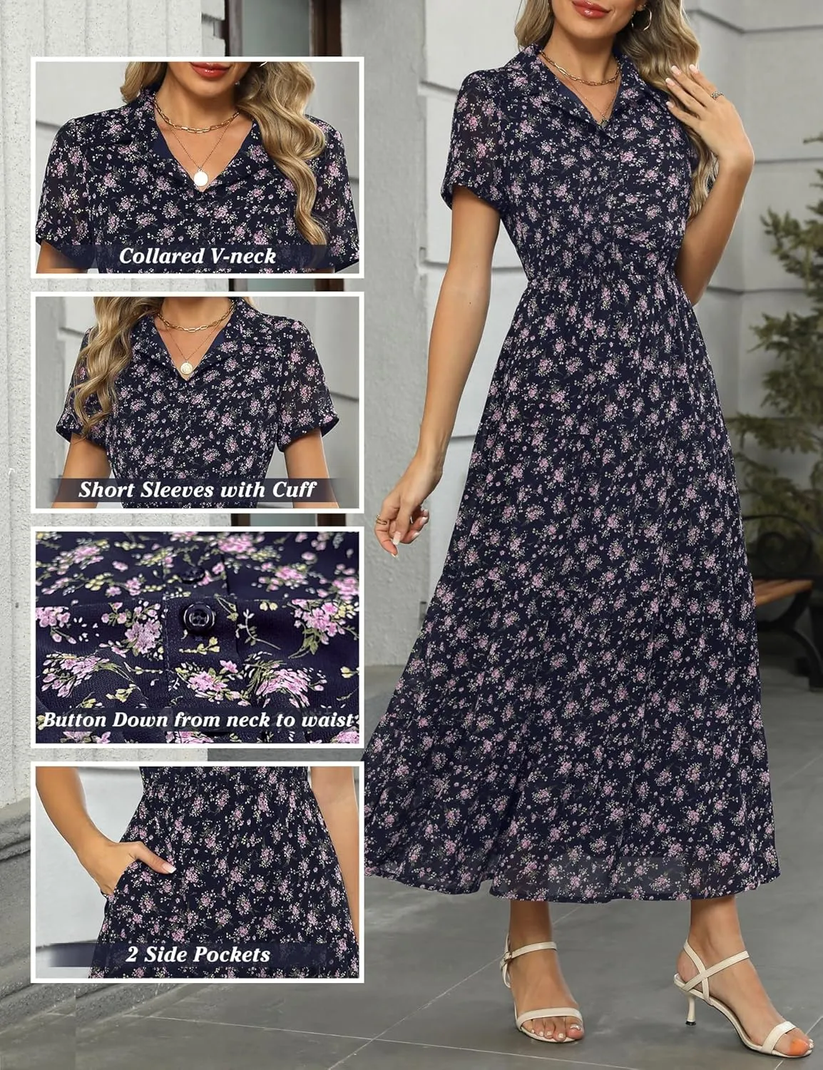 Kranda Women 2025 Summer Collared V Neck Short Sleeve Button Down Chiffon Long Tiered Floral Maxi Dress with Pockets