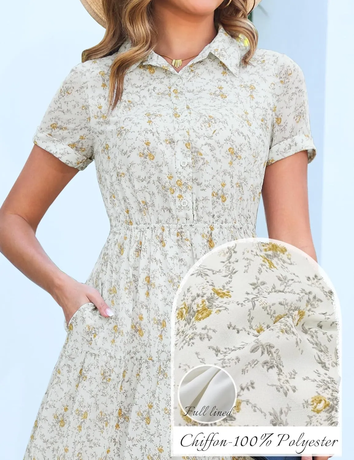 Kranda Women 2025 Summer Collared V Neck Short Sleeve Button Down Chiffon Long Tiered Floral Maxi Dress with Pockets