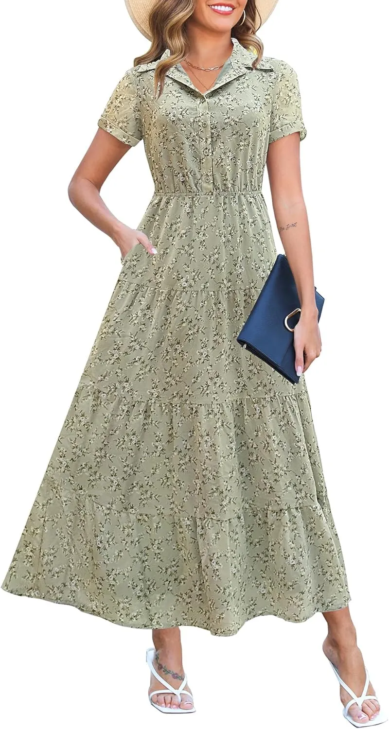 Kranda Women 2025 Summer Collared V Neck Short Sleeve Button Down Chiffon Long Tiered Floral Maxi Dress with Pockets