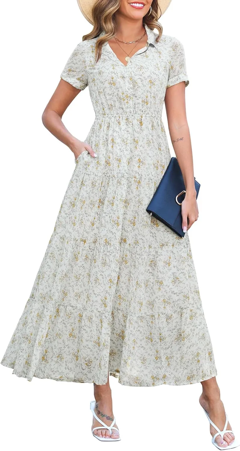 Kranda Women 2025 Summer Collared V Neck Short Sleeve Button Down Chiffon Long Tiered Floral Maxi Dress with Pockets