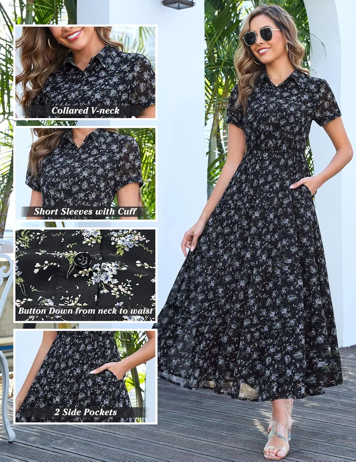 Kranda Women 2025 Summer Collared V Neck Short Sleeve Button Down Chiffon Long Tiered Floral Maxi Dress with Pockets