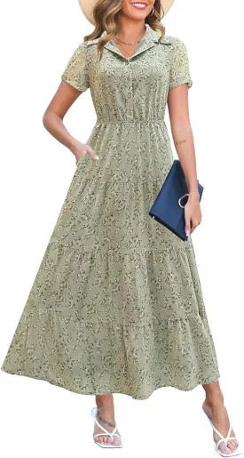 Kranda Women 2025 Summer Collared V Neck Short Sleeve Button Down Chiffon Long Tiered Floral Maxi Dress with Pockets
