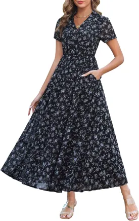 Kranda Women 2025 Summer Collared V Neck Short Sleeve Button Down Chiffon Long Tiered Floral Maxi Dress with Pockets