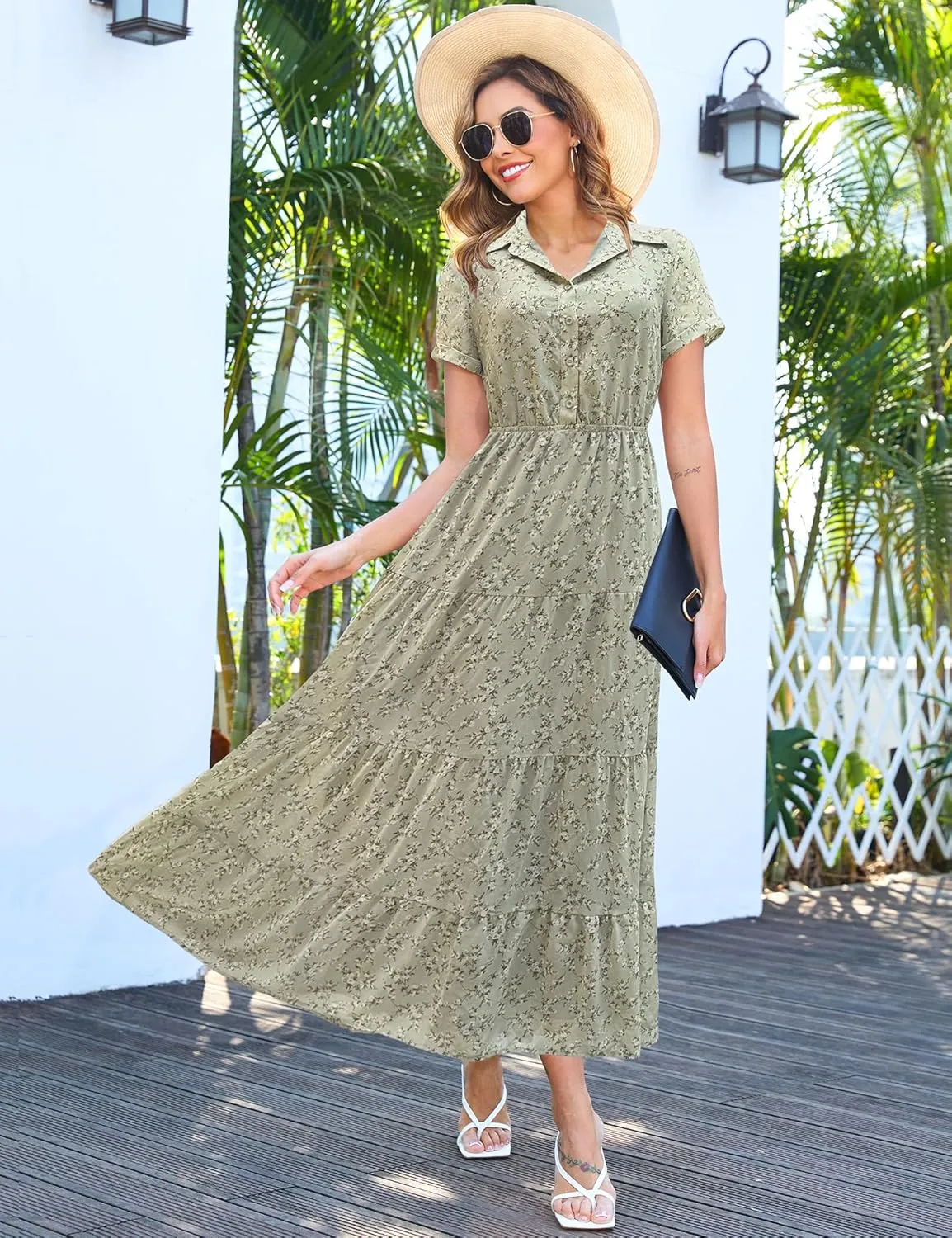 Kranda Women 2025 Summer Collared V Neck Short Sleeve Button Down Chiffon Long Tiered Floral Maxi Dress with Pockets